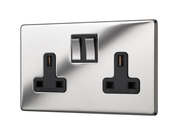 Bright Nickel Screwless Double Socket – 2 Gang/Twin Switched 13 Amp