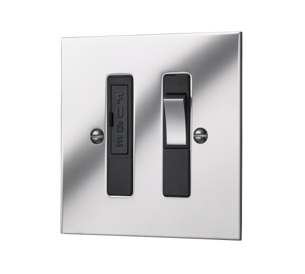 Classic square edge switched fused connection unit with neon in polished mirror