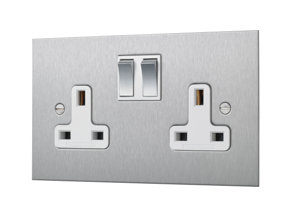 Satin Stainless Steel Double Socket – Twin Switched 2 Gang 13 Amp