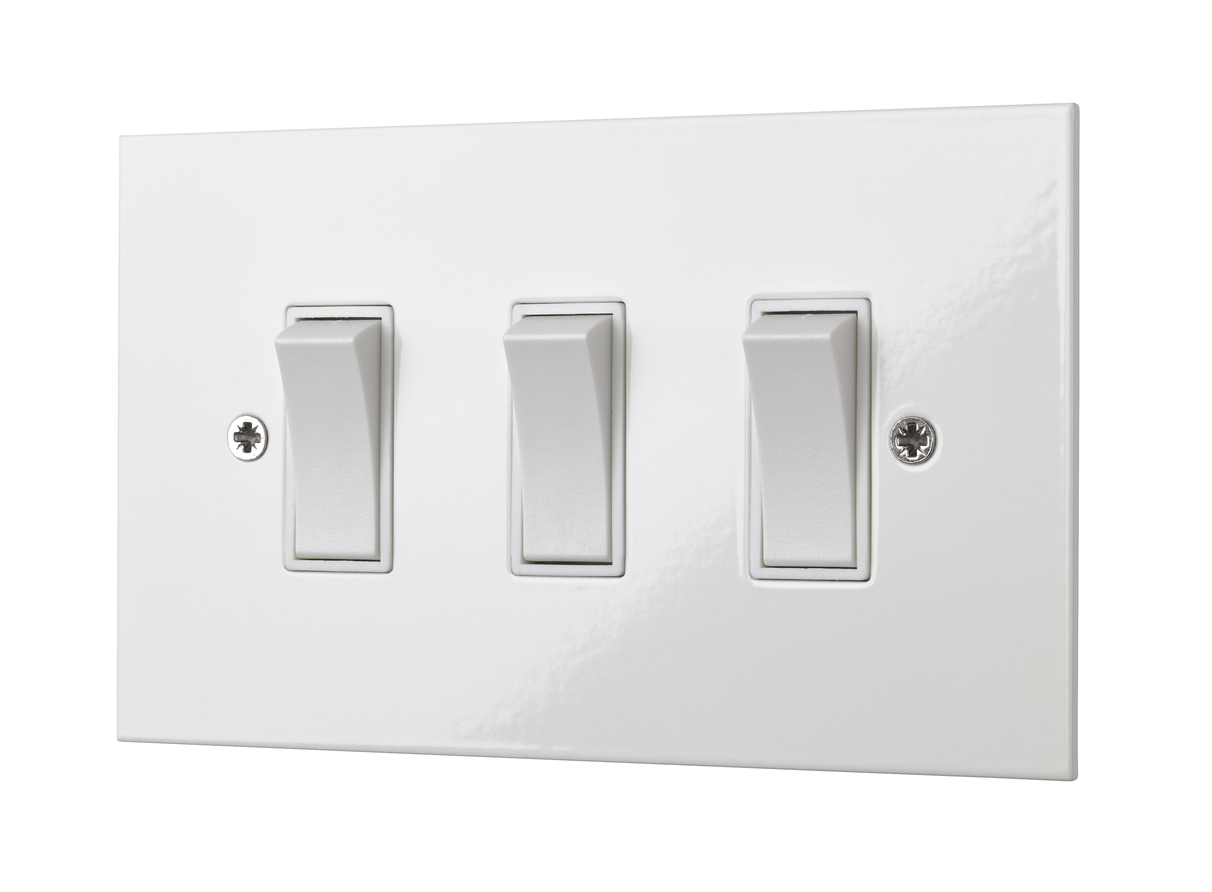 Square-edge triple gang rocker switch unit in white