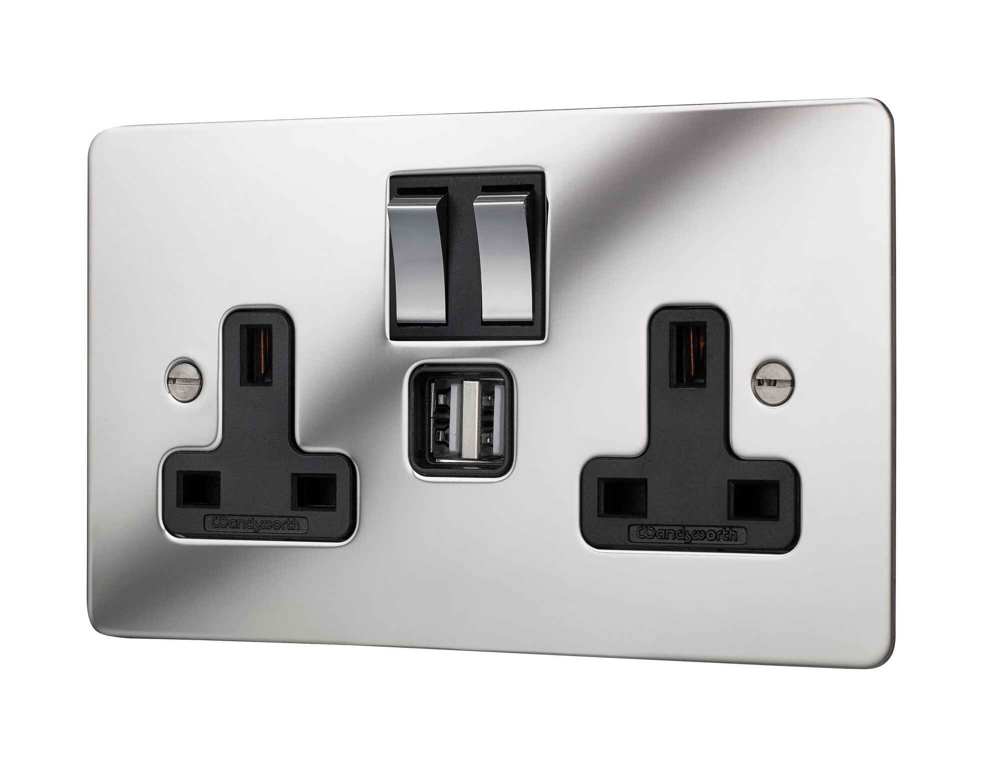 Classic square edge twin switched socket in polished mirror finish with twin USB integration
