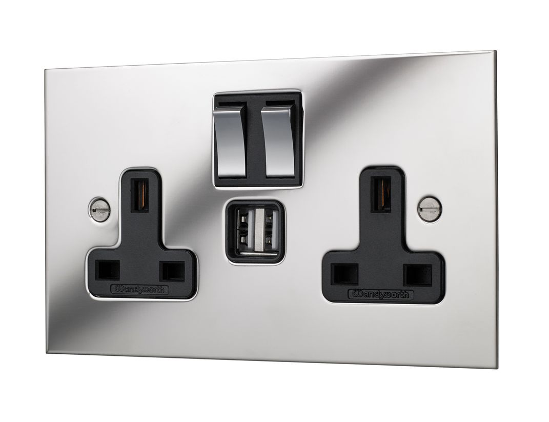 Wandsworth Double Power Sockets Face Plate PSQ354/SMS Mirrored Stainless Steel 