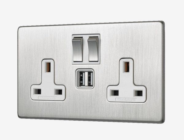 SATIN NICKEL SCREWLESS DOUBLE SOCKET WITH USB – 2 GANG/TWIN SWITCHED 13 AMP