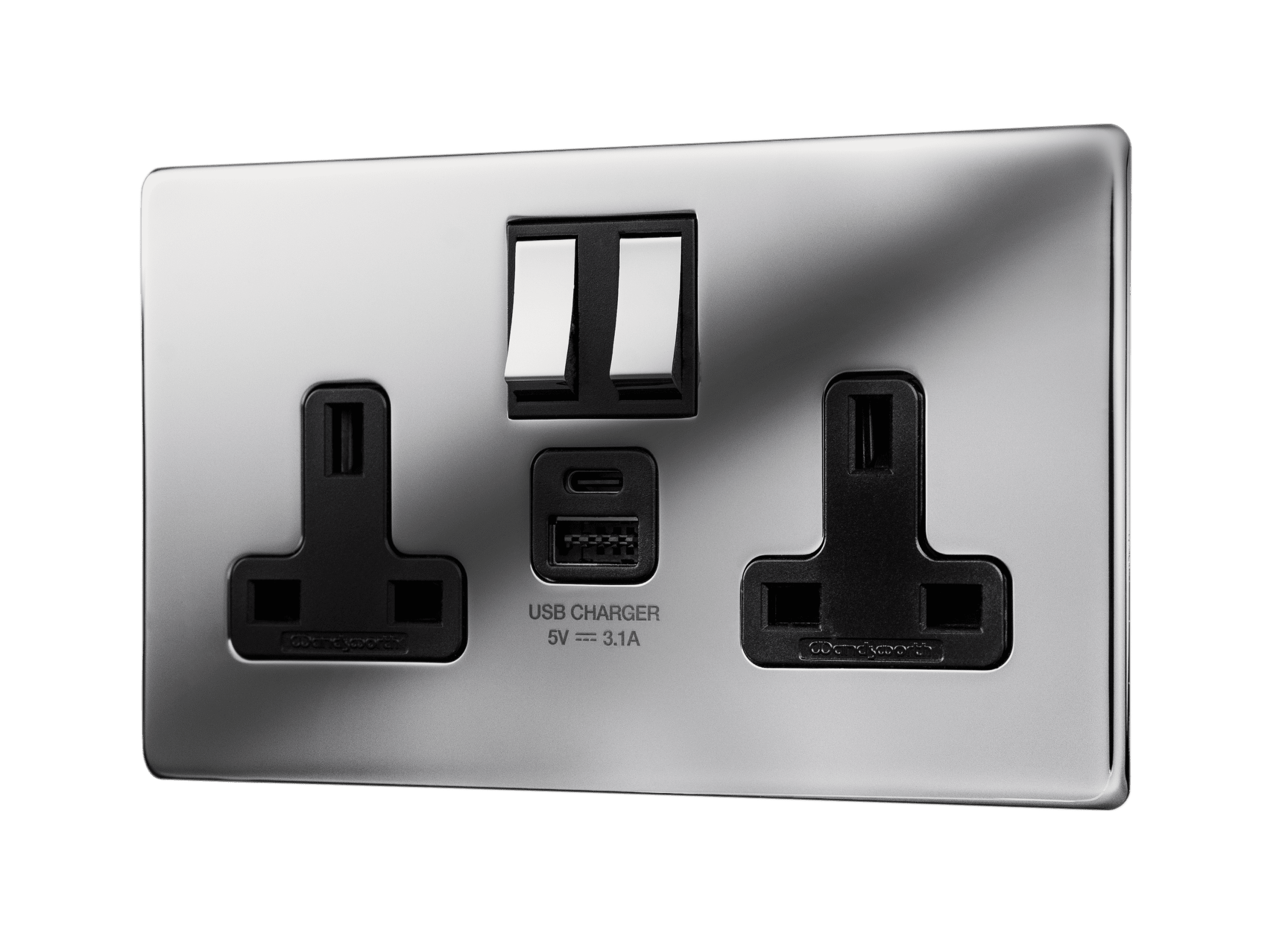 Bright Nickel Screwless Double Socket With USB - 2 Gang/Twin Switched 13 Amp