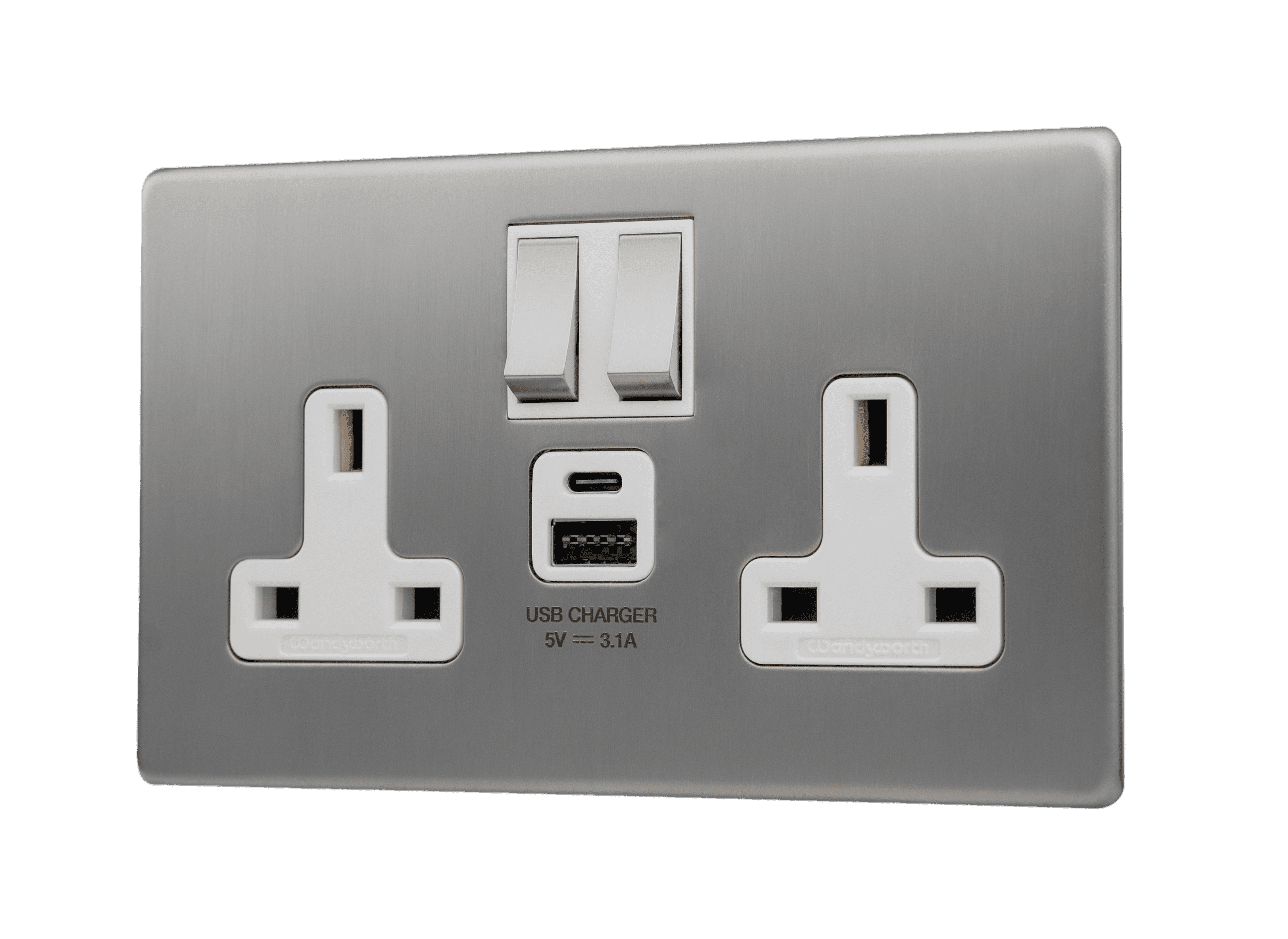 Satin Nickel Screwless Double Socket With USB - 2 Gang/Twin Switched 13 Amp