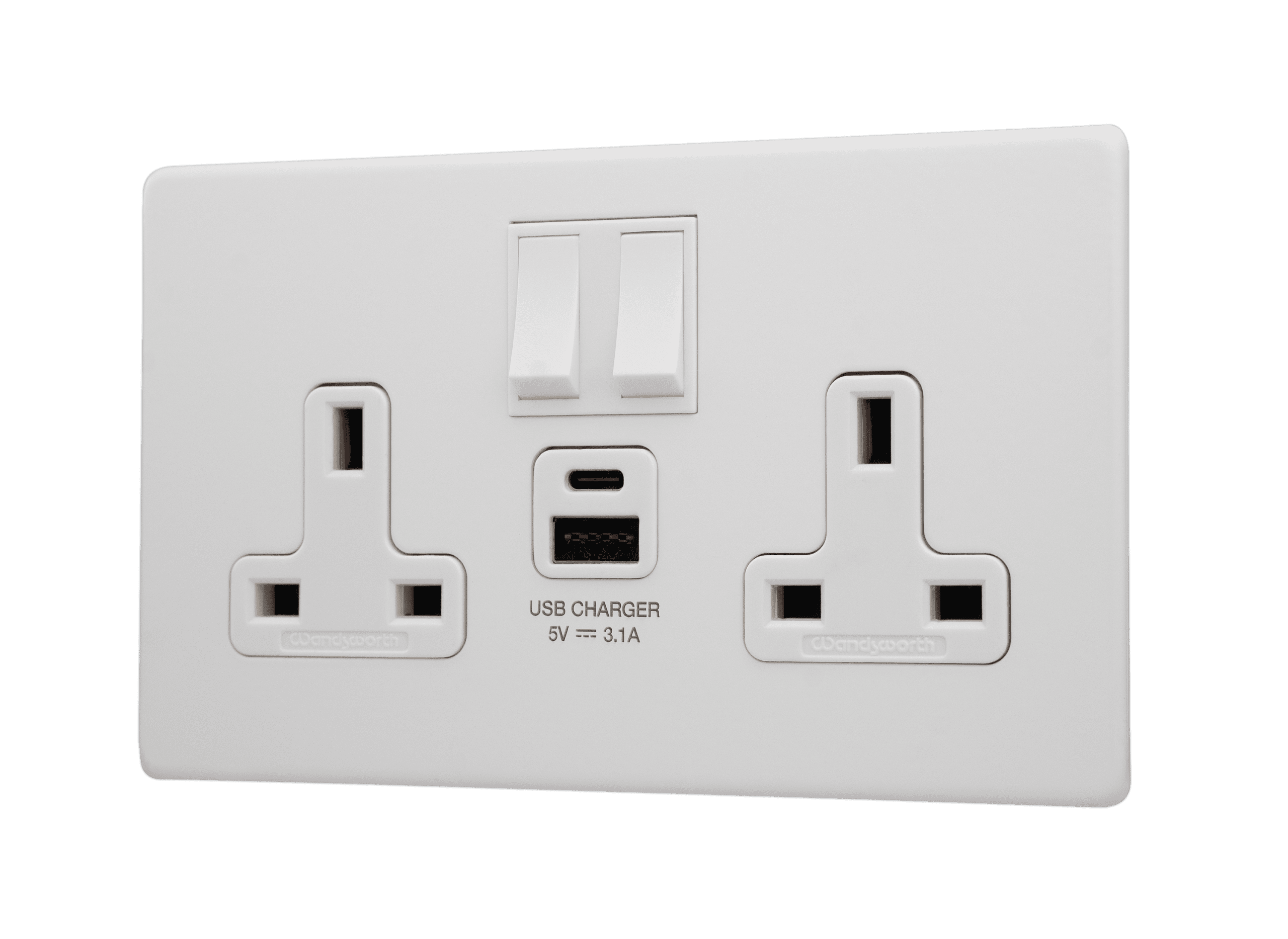 White Screwless Double Socket With USB - 2 Gang/Twin Switched 13 Amp