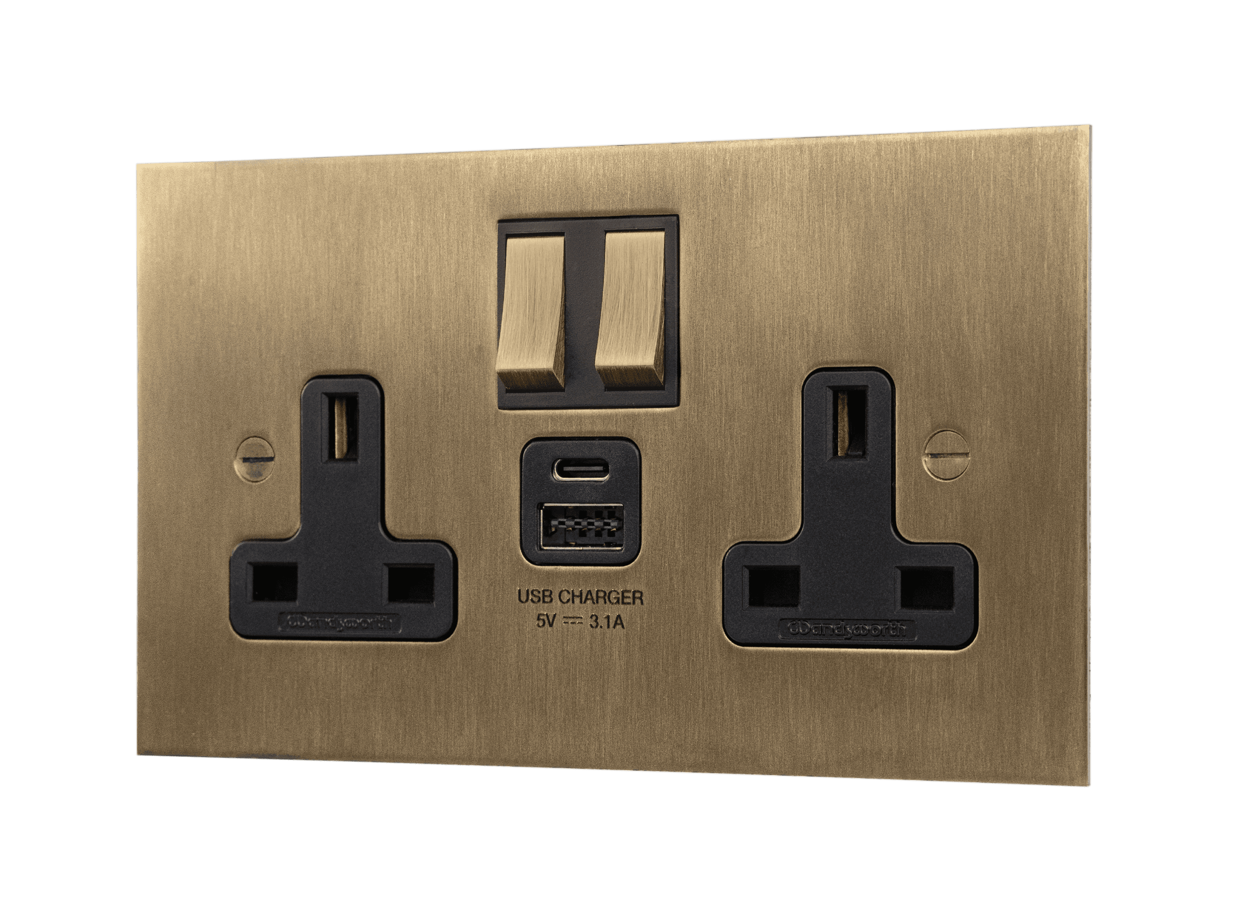 Burnished Brass Double Socket With USB - Twin Switched 2 Gang 13 Amp