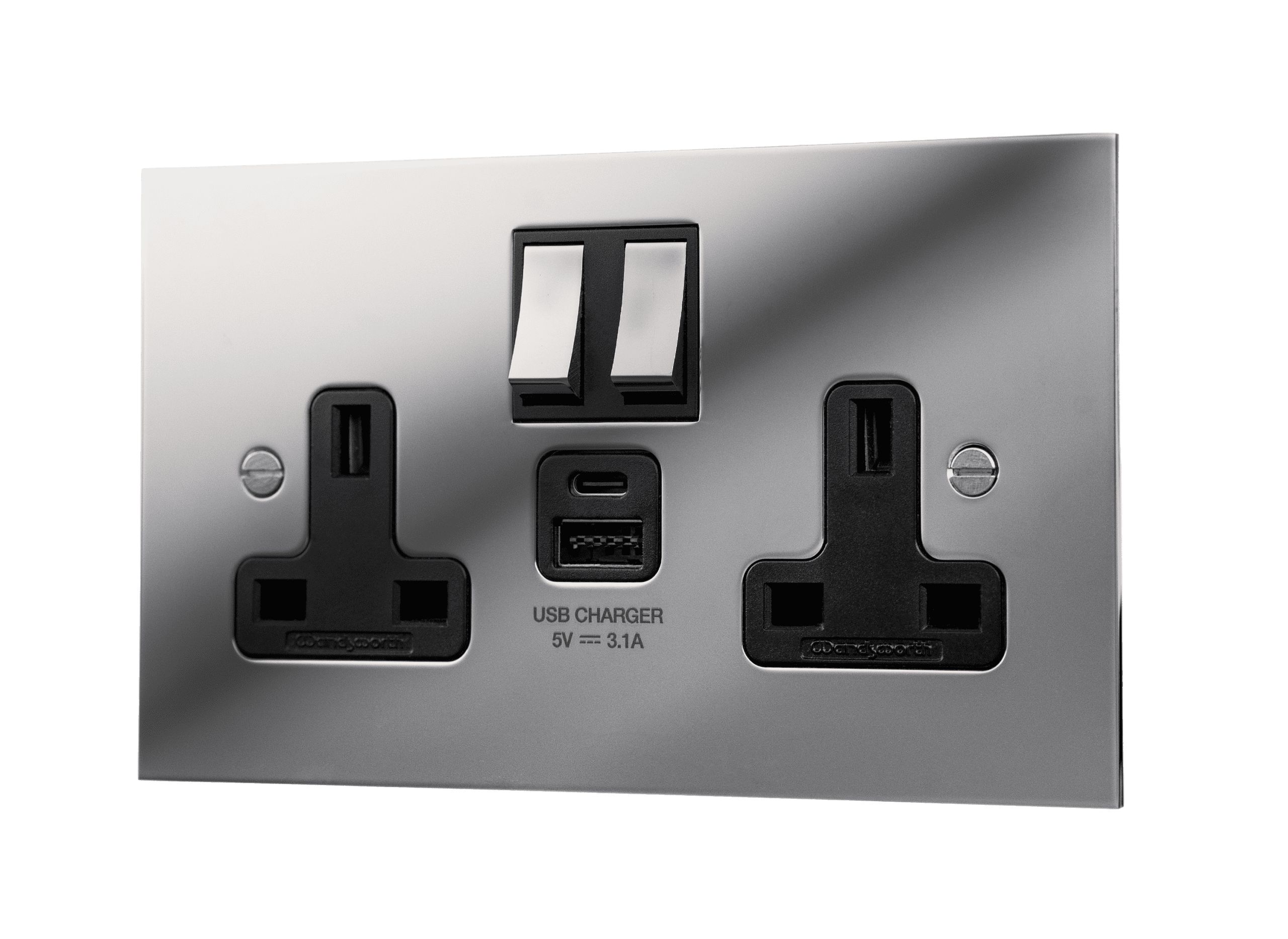 Classic Square Edge Twin Switched Socket With Twin USB In Polished Mirror