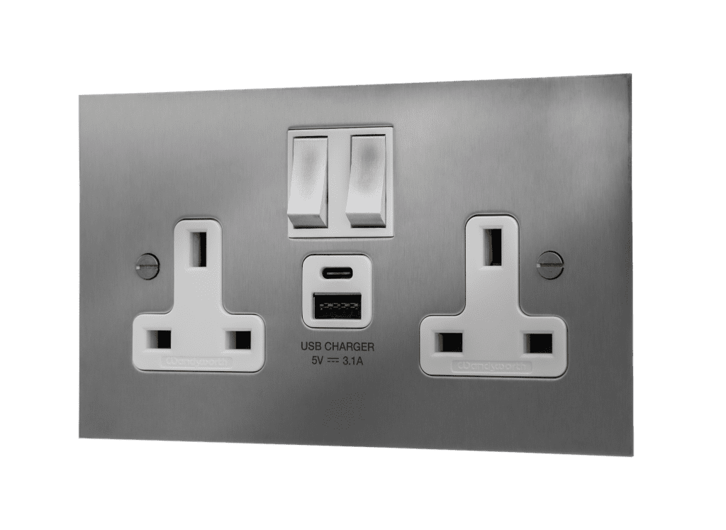 Satin Stainless Steel Double Socket With USB - Twin Switched 2 Gang 13 ...