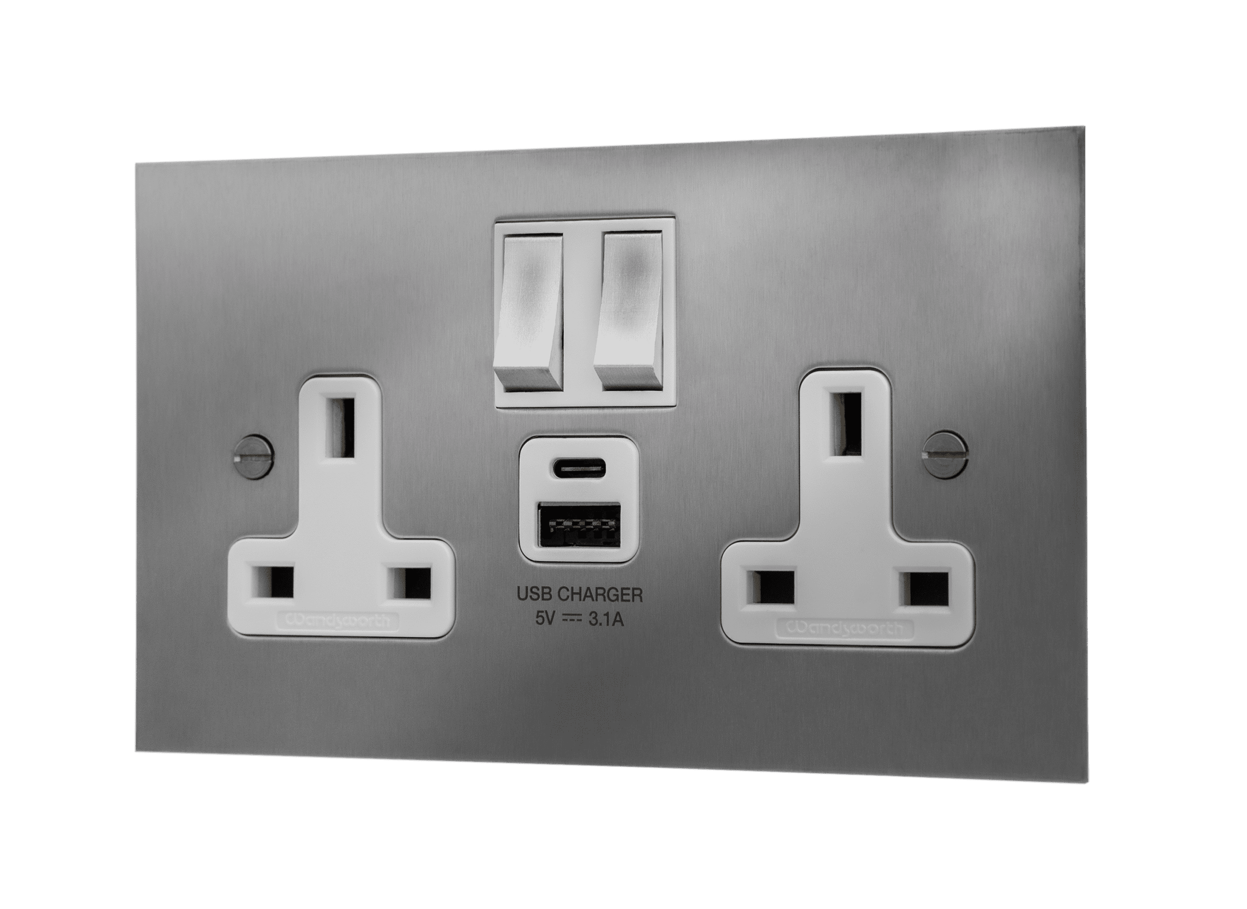 Satin Stainless Steel Double Socket With USB - Twin Switched 2 Gang 13 Amp