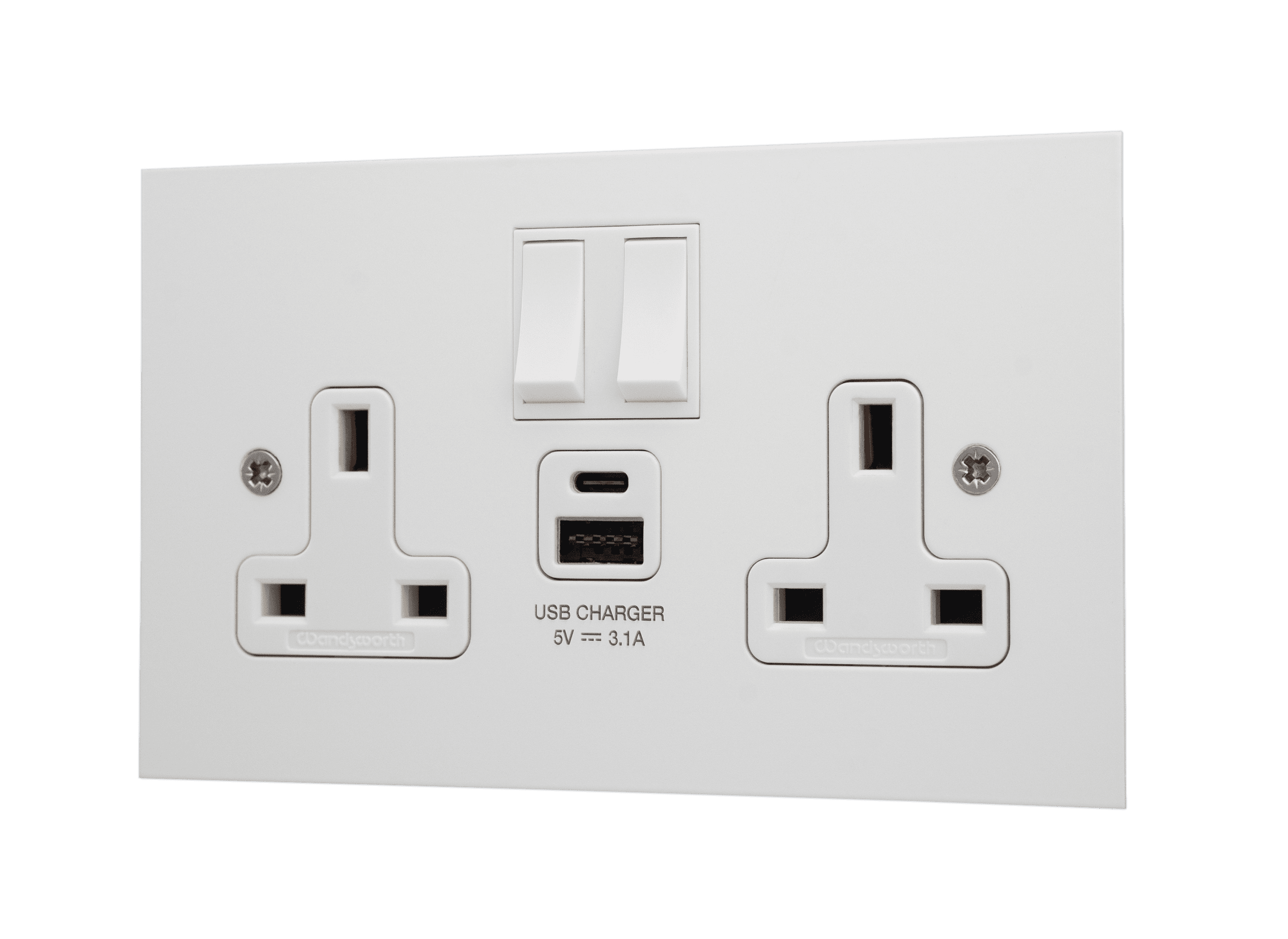 Classic Square Edge Twin Switched Socket With Twin USB In White