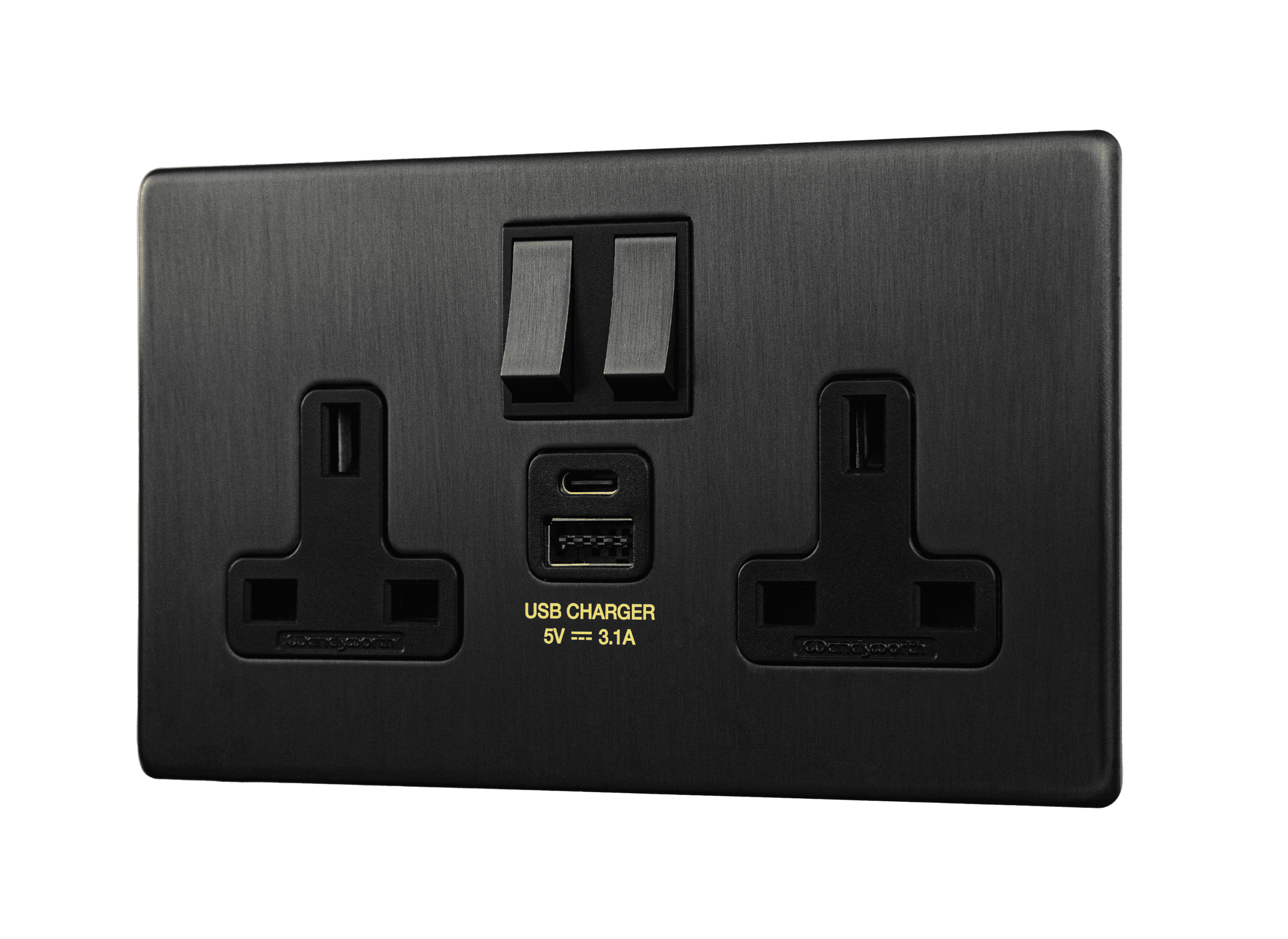 Dark Antique Bronze Screwless Double Socket With USB - 2 Gang/Twin Switched 13 Amp