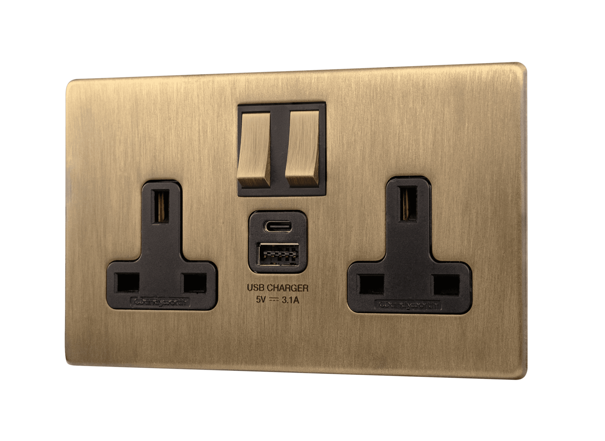 Burnished Brass Screwless Double Socket With USB - 2 Gang/Twin Switched 13 Amp